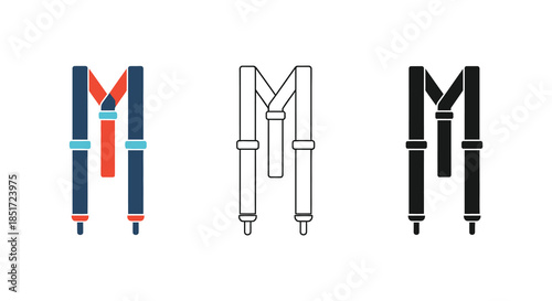 Three variations of suspenders or braces showcasing color outline and solid black silhouette
