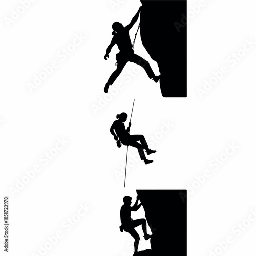 Silhouettes of rock climbers ascending and descending a cliff face.