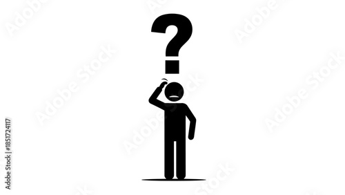 Confused Stick Figure Man Standing with Large Question Mark Above Head, Scratching Head on Isolated White Background