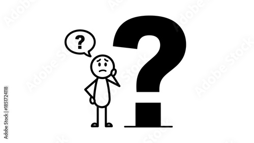 Perplexed Stick Figure Man Standing Beside Large Question Mark with Small Question Mark Above Head on Isolated White Background