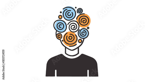 Silhouette of a Person with Colorful Swirling Patterns in Head Representing Creativity and Complex Thoughts on Isolated White Background