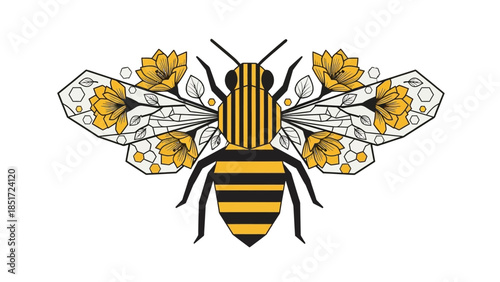 Artistic Honey Bee with Stylized Yellow Floral Wings and Striped Body, isolated white background