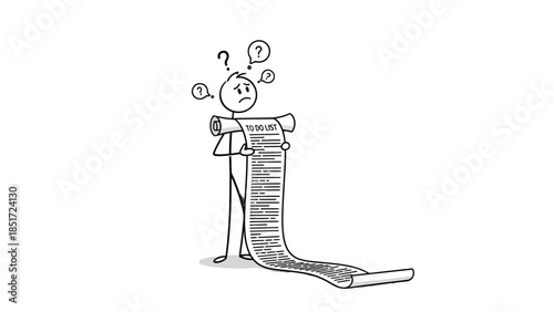 Puzzled Stick Figure Man Holding Long To-Do List with Question Marks, isolated white background