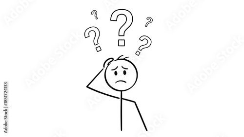 Stick Figure Person Holding Head, Surrounded by Question Marks, Struggling with Confusion and Uncertainty on Isolated White Background