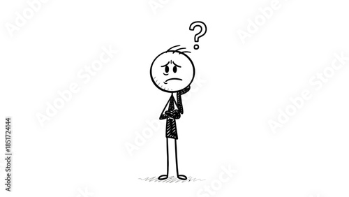 Stick Figure Person Pondering with a Question Mark Above Head, Expressing Uncertainty on Isolated White Background