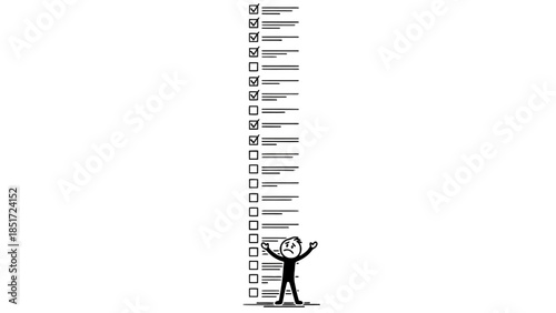 Small Stick Figure Person Facing Immense Long To-Do List, isolated white background