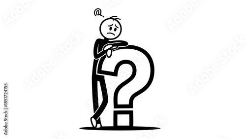 Sad and Confused Stick Figure Man Leaning on Large Question Mark Symbol on Isolated White Background