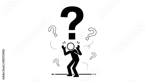 Stick Figure Person Overwhelmed by Large Question Mark and Multiple Small Questions, Expressing Confusion on Isolated White Background