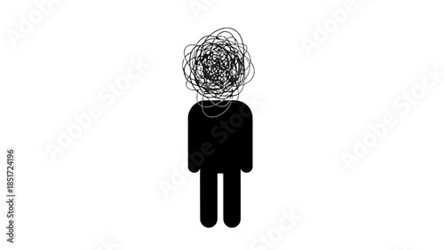 Silhouette of a Person with Tangled Messy Thoughts in Head Representing Confusion and Stress on Isolated White Background