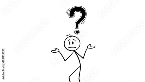 Clueless stickman shrugging with hands open, showing confusion and a question mark above its head, isolated white background.