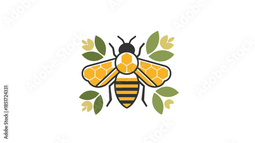 Stylized Bee and Green Leaves Logo Illustration on Isolated White Background