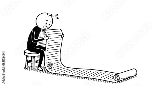 Stressed Stick Figure Man Reading Overwhelmingly Long To-Do List on Isolated White Background