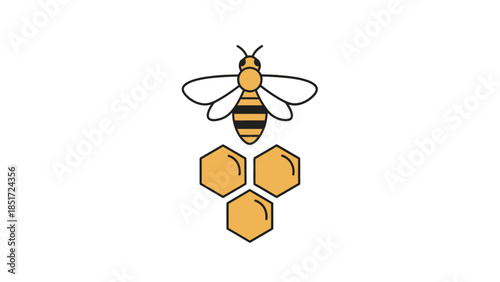 Cute cartoon bee flying above golden honeycombs, symbolizing honey production and nature, isolated white background.
