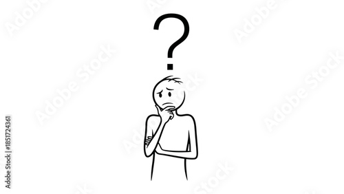 Pensive stickman character with a large question mark above head, expressing confusion and uncertainty, isolated white background.