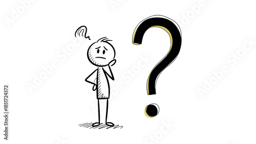Thoughtful Stick Figure Man Standing Next to a Large Question Mark Representing Uncertainty on Isolated White Background