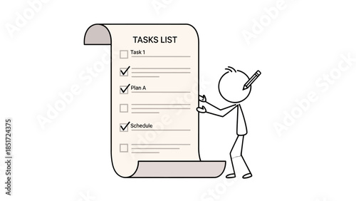 Productive Stick Figure Man Checking Off Items on a Task List with a Pencil on Isolated White Background