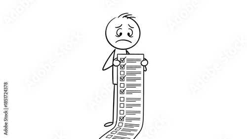Sad and Overwhelmed Stick Figure Man Holding a Long Unchecked To-Do List on Isolated White Background