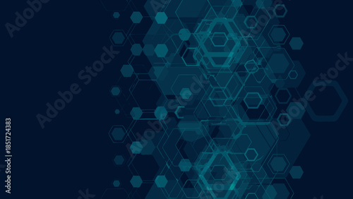 Abstract background with overlapping hexagons and dots in shades of blue and teal creating a pattern