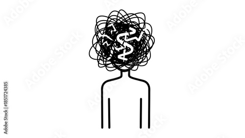 Abstract Head with Tangled Messy Lines and Dollar Signs Representing Financial Stress and Confusion on Isolated White Background