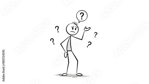 Confused Stick Figure Man Shrugging with Question Marks Around Head on Isolated White Background