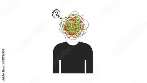 Abstract Head with Tangled Colorful Lines Representing Complex Thoughts and Confusion on Isolated White Background