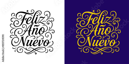Logo de Navidad. Grupo de mensajes en español Feliz Año Nuevo con florituras de adorno para tarjetas y felicitaciones