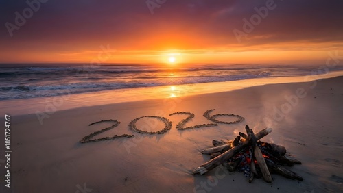 Fototapeta Naklejka Na Ścianę i Meble -  Hopeful welcome of 2026 on a serene beach with a warm bonfire at vibrant sunset