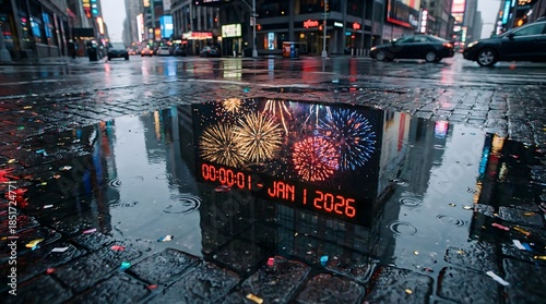 New year's eve countdown to 2026 reflected in a vibrant city puddle after rain