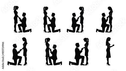 Set of silhouette icons depicting marriage proposals in various poses