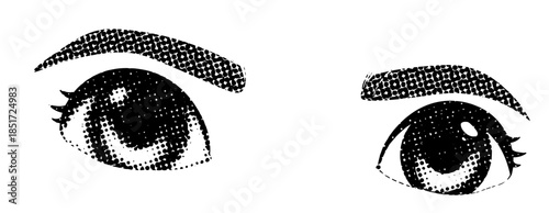 Girl's eyes in retro collage style. halftone. The eyelashes comic is large. Vector stock illustration. isolated on a white background.