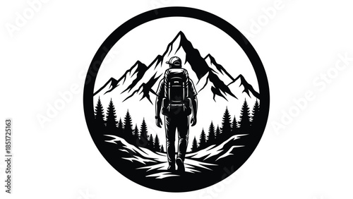 Hiker walking towards majestic sharp mountains inside a circular badge