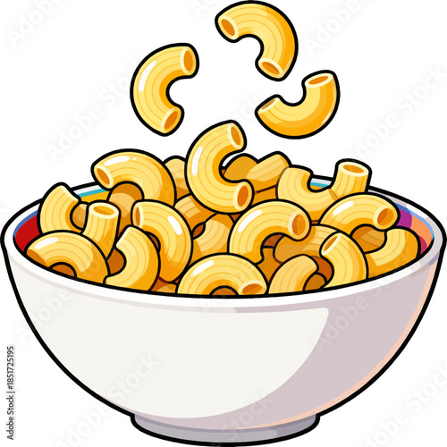 Bowl filled with elbow macaroni pasta with pieces flying cartoon vector illustration