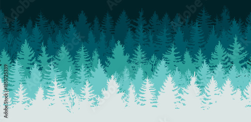 Seamless winter background. Winter Forest background. Pine, spruce, Christmas tree in green. Silhouette pine tree seamless panoramic view. Pine trees forest landscape. Christmas vector illustration.