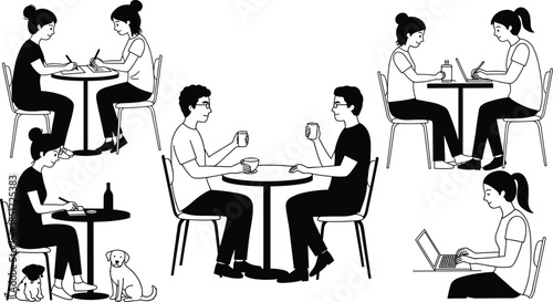 Cafe scenes showing collaboration, conversation, remote work, solo productivity, pet-friendly dining, creative sketching, coffee breaks, laptop teamwork, casual socializing, urban lifestyle