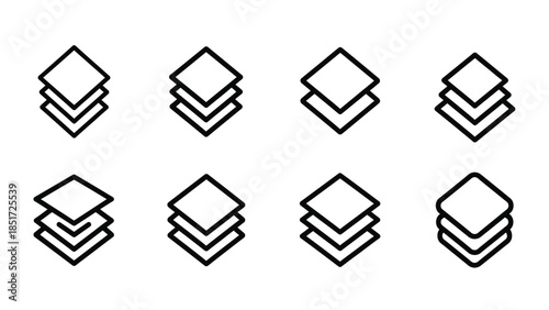 Set of eight stacked diamond layer icons for interface design