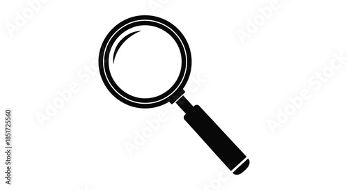 A simple black magnifying glass design presented on a clean white background silhouette