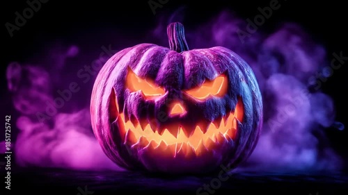 Glowing halloween pumpkin with fiery eyes and spooky purple haze