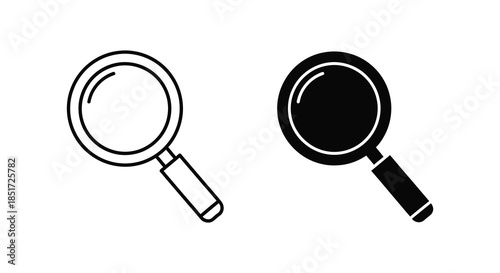 Two magnifying glasses one outlined and one solid black displayed against a white backdrop silhouette