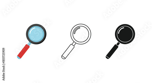 Three magnifying glasses in different styles and colors including a dark silhouette