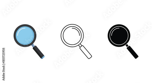 Three magnifying glasses in varying styles including a dark bold silhouette