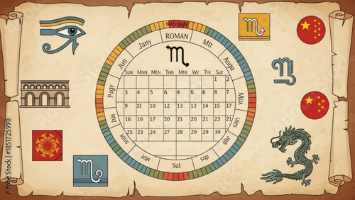 Scorpio zodiac calendar with ancient symbols and dragon illustration on parchment
