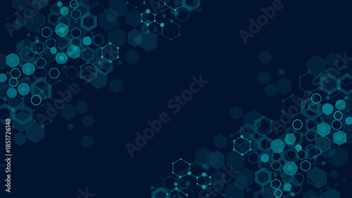 Hexagonal network with interconnected nodes and blurred geometric shapes on a dark blue background design