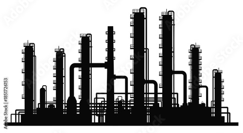 Industrial complex with numerous towers and pipelines depicted in a striking black silhouette