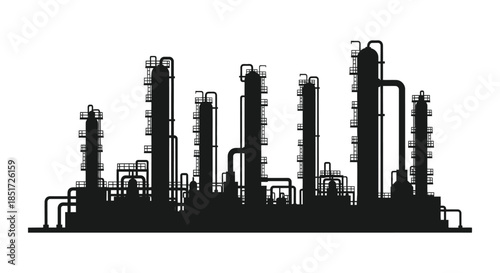 Industrial complex with multiple towers and pipes against a white background silhouette