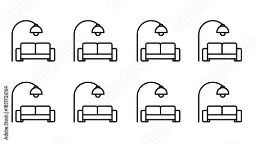 Set of eight simple line icons showing a sofa and floor lamp arrangement