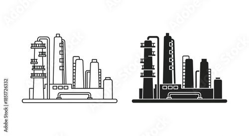 Industrial complex outlines and a striking black silhouette of factory buildings