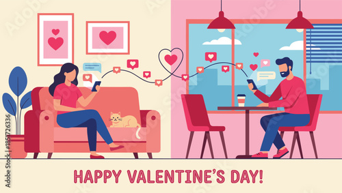 Long distance couple chatting on smartphones sharing love messages online happy valentines day modern romance illustration background design