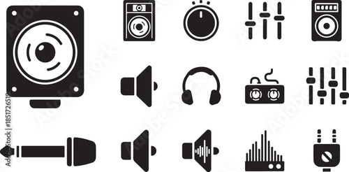 Black audio equipment icons for music and sound technology