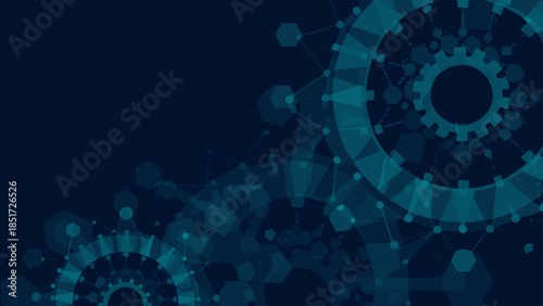 Abstract background with gears and connected hexagons in shades of blue and teal illustration art