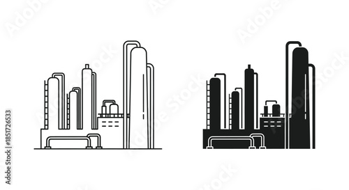 Industrial complex building designs contrasting line work and solid forms a striking silhouette